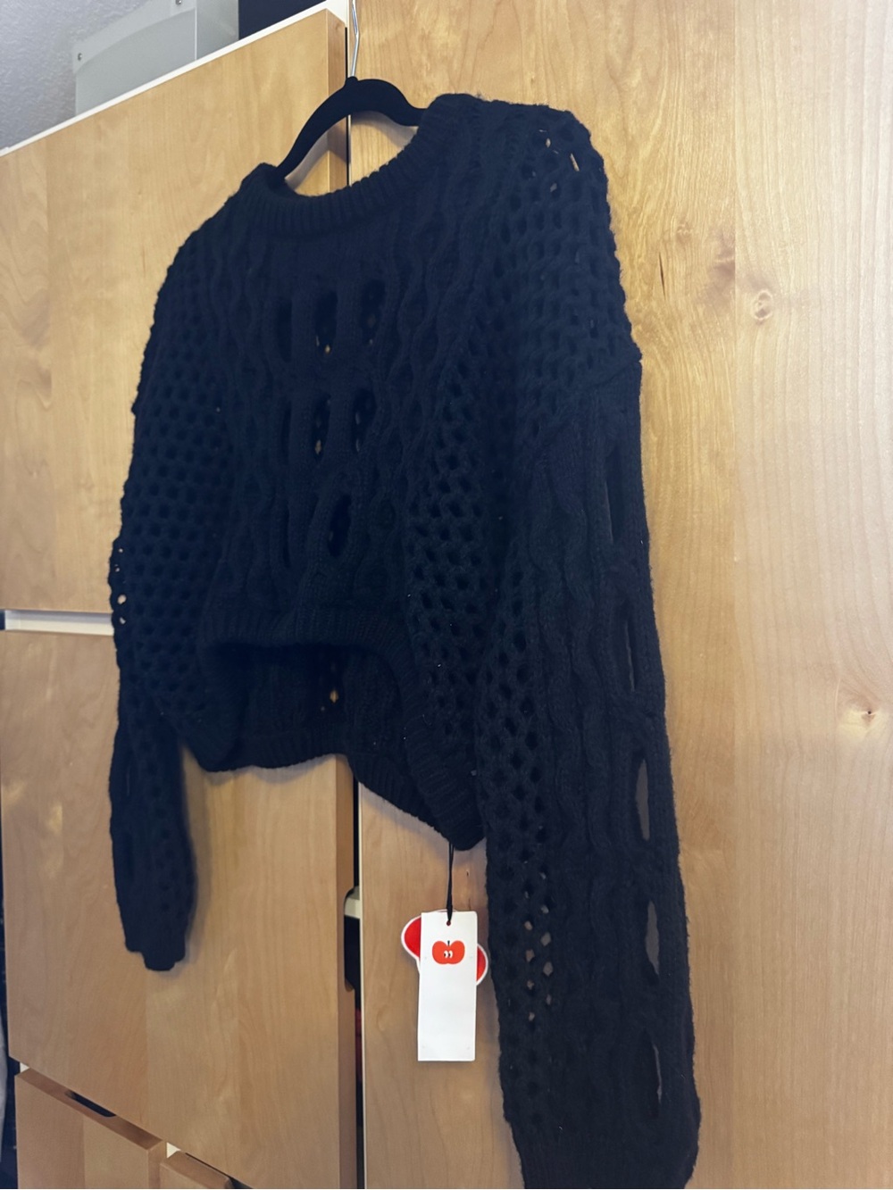NWT Cider Black Open Knit Cropped Women's Sweater - Picture 2 of 7